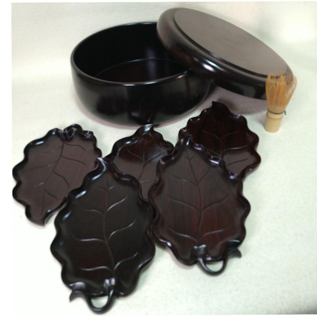 A461 紫檀製 茶櫃くりぬき 菓子器五枚 葉型菓子皿彫刻菓子器セット煎茶道具