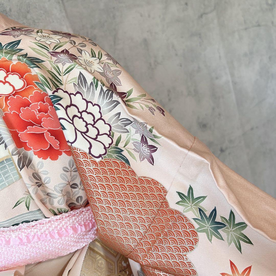 振袖フルセット　正絹　古典柄　難あり　ピンクベージュ　可愛い　m4