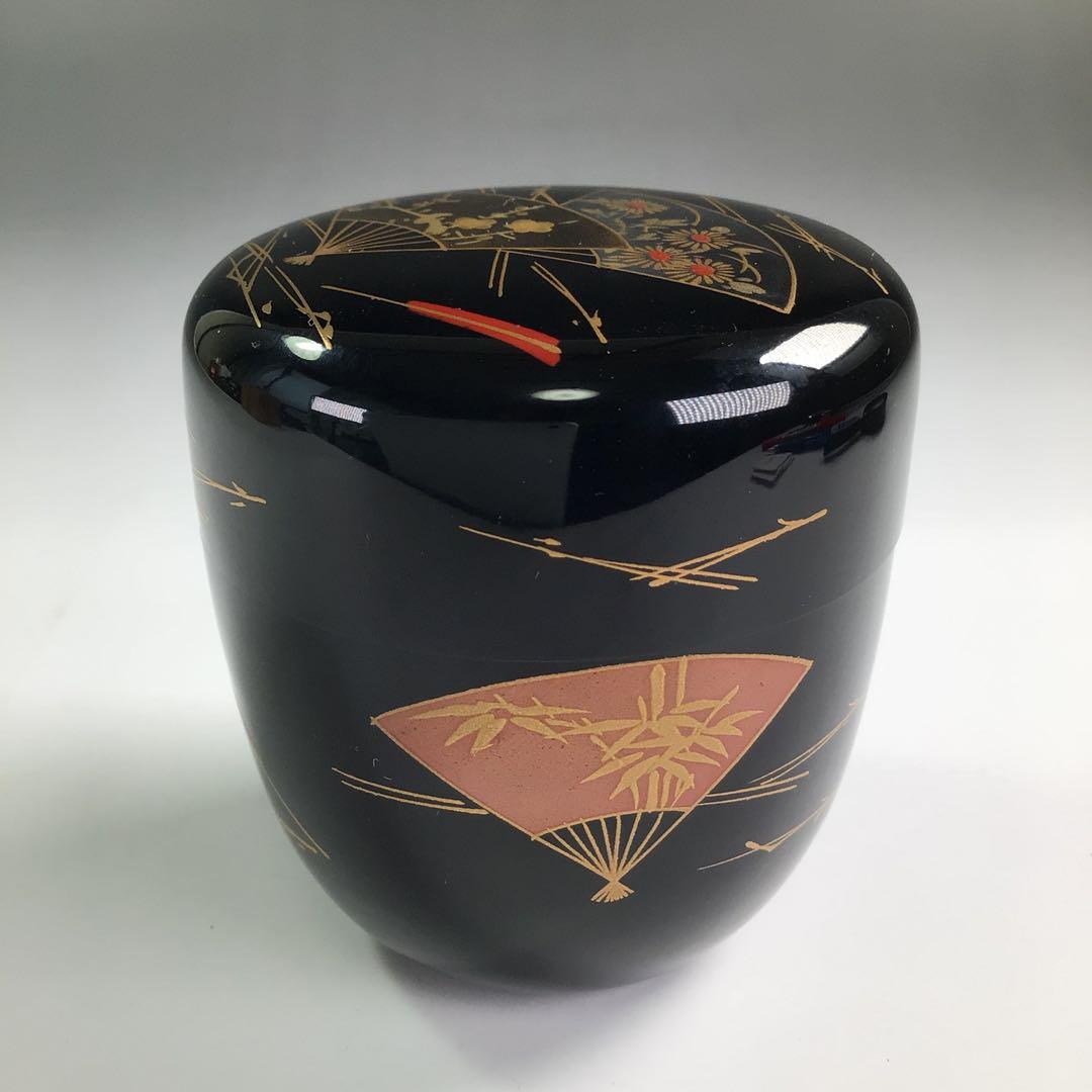 Ｐ８０６　棗　『荒井喜峰作』『黒漆塗』『扇面蒔絵』『利休棗』　共箱　茶道具