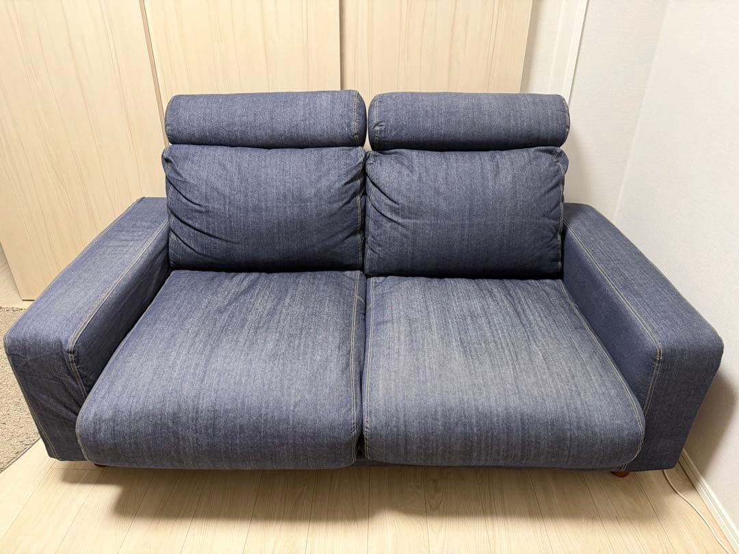 （値下げ）無印良品 2人掛けソファ ヘッドレスト付き デニム調カバー