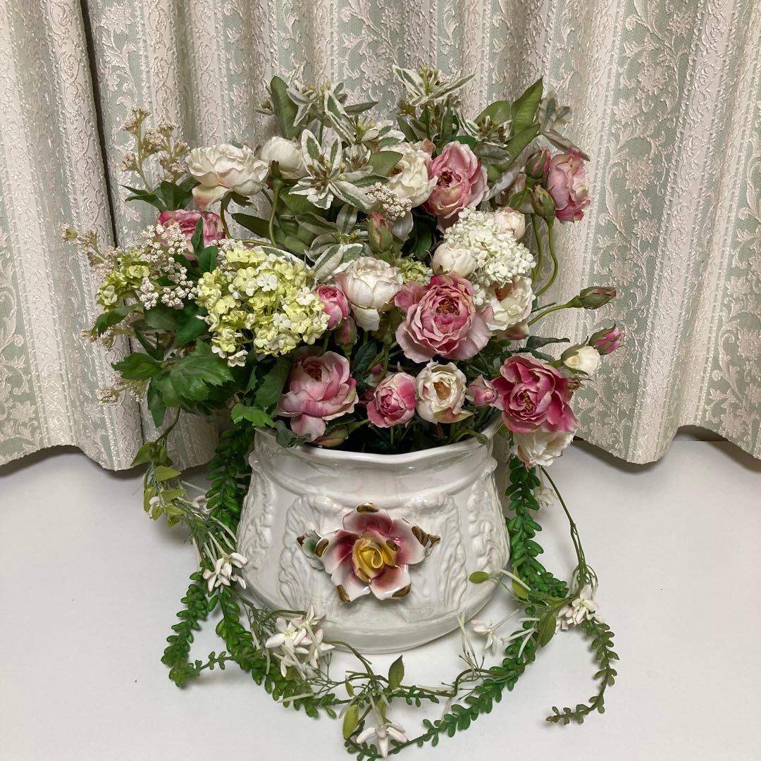 【造花付】カポディモンテ イタリア製 花瓶 フラワーベース 白＋虹色コーティング