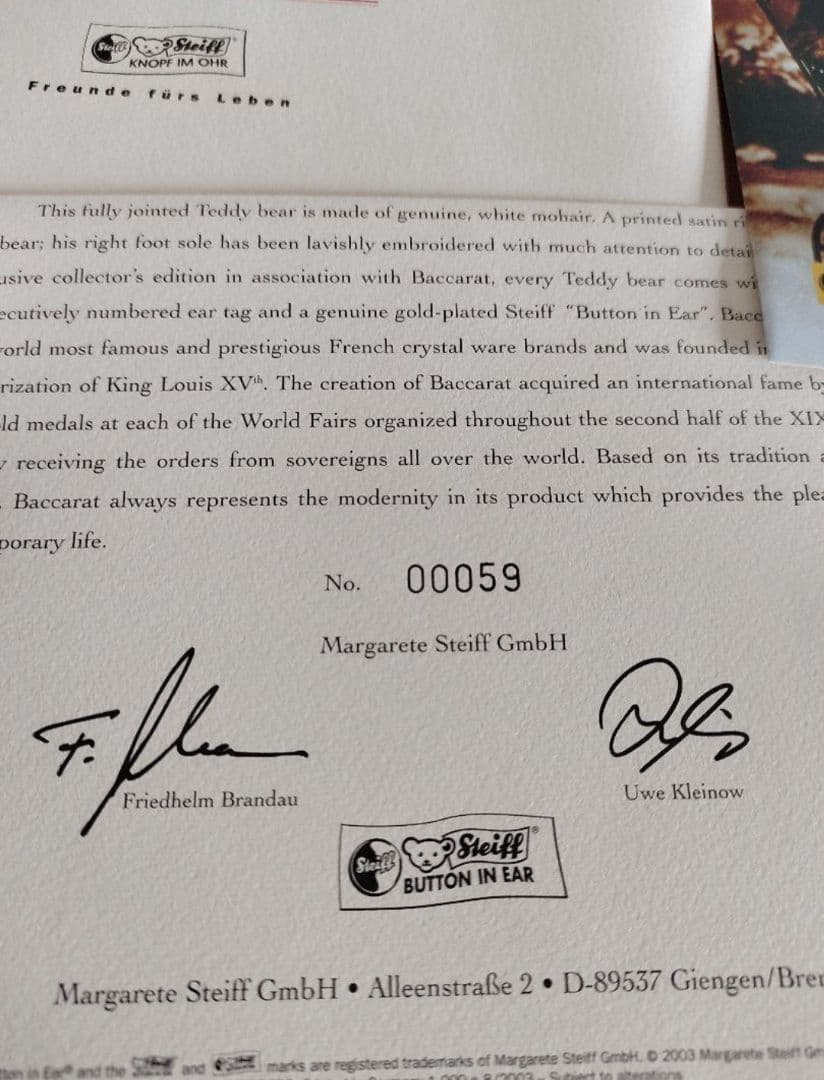 Steiff シュタイフ Baccarat バカラ テディベア　コラボテディベア