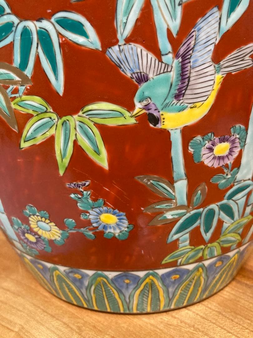 火鉢　赤絵火鉢　手火鉢　有田焼　伊万里焼　メダカ鉢　鉢カバー　竹雀　野菊 花鳥画