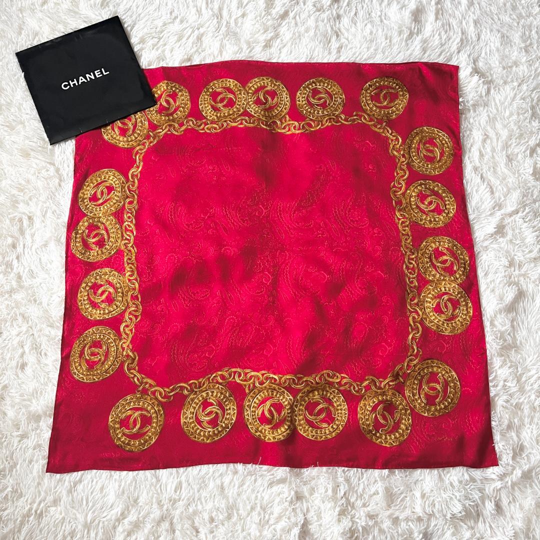 タグ付★CHANEL シルク スカーフ ココマーク チェーン レッド×ゴールド