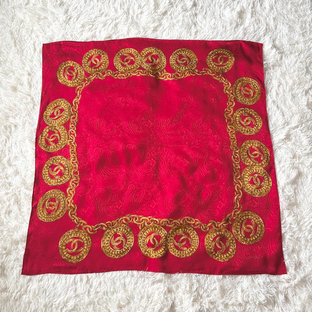 タグ付★CHANEL シルク スカーフ ココマーク チェーン レッド×ゴールド