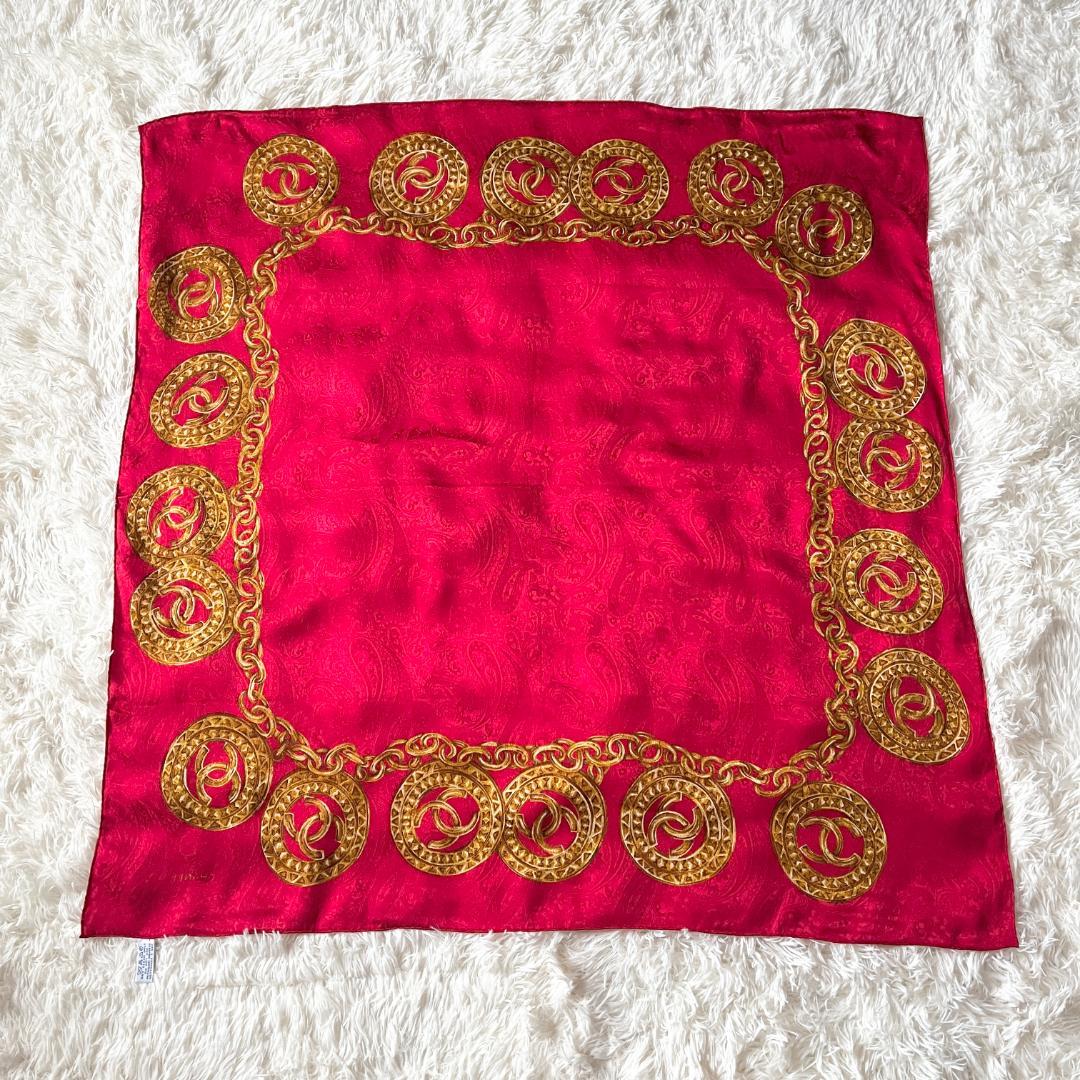 タグ付★CHANEL シルク スカーフ ココマーク チェーン レッド×ゴールド