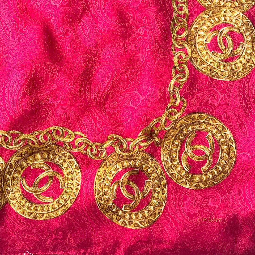 タグ付★CHANEL シルク スカーフ ココマーク チェーン レッド×ゴールド