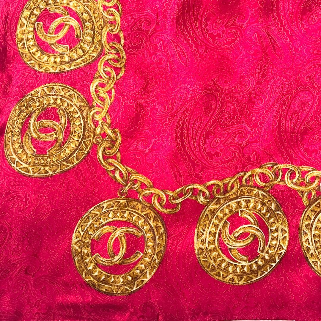 タグ付★CHANEL シルク スカーフ ココマーク チェーン レッド×ゴールド