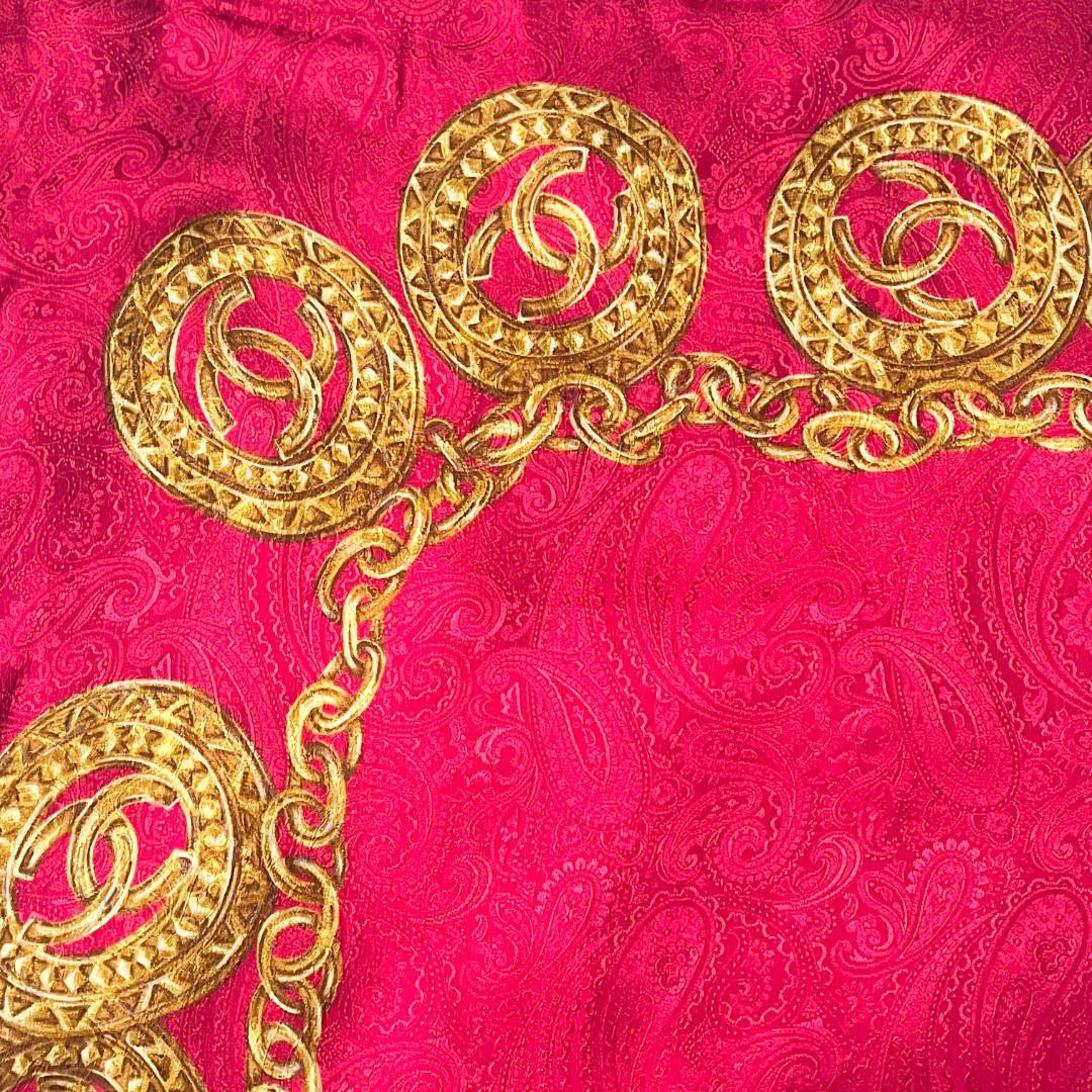 タグ付★CHANEL シルク スカーフ ココマーク チェーン レッド×ゴールド