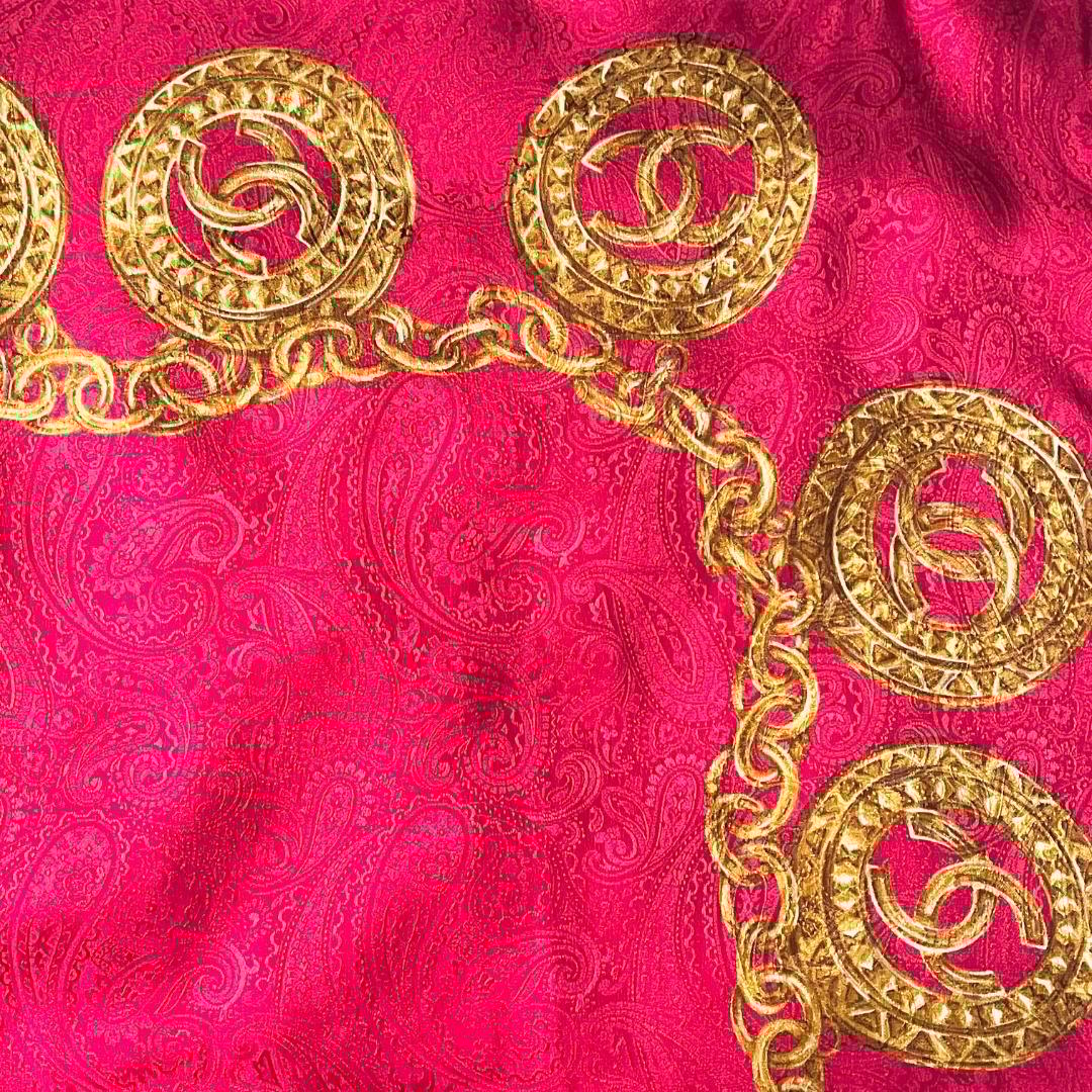 タグ付★CHANEL シルク スカーフ ココマーク チェーン レッド×ゴールド