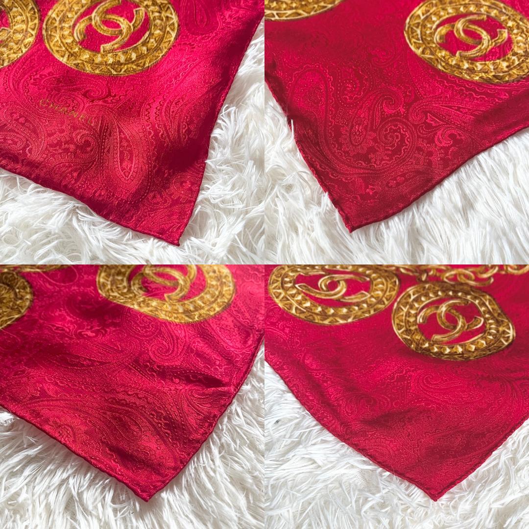 タグ付★CHANEL シルク スカーフ ココマーク チェーン レッド×ゴールド