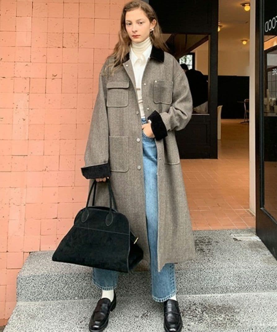 へリンボーン柄 ステンカラーコート 【FanoStudios】