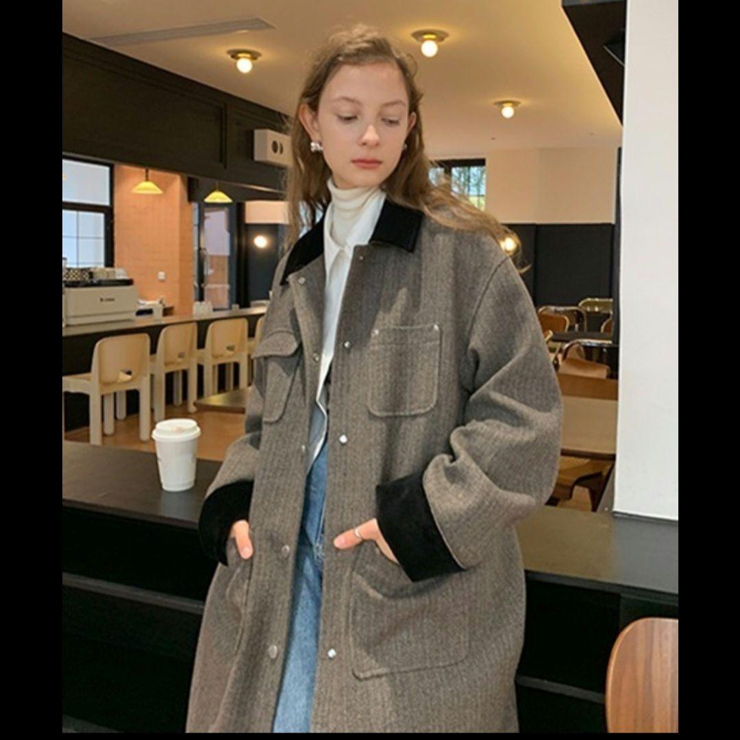 へリンボーン柄 ステンカラーコート 【FanoStudios】