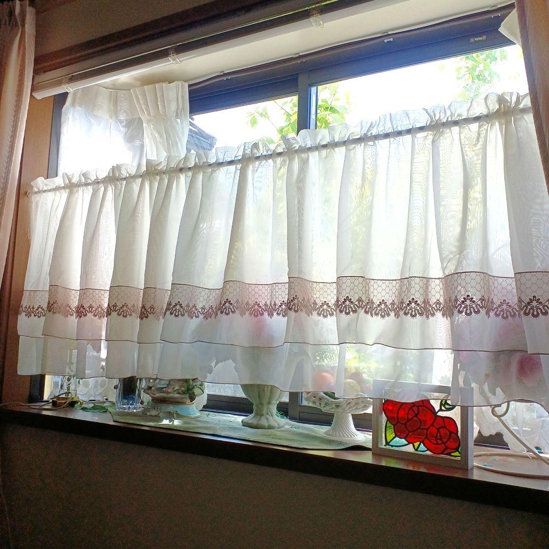 カフェカーテン【ぽっゆ様オーダー品　ボイル&チュールレース2枚重ねデザイン】
