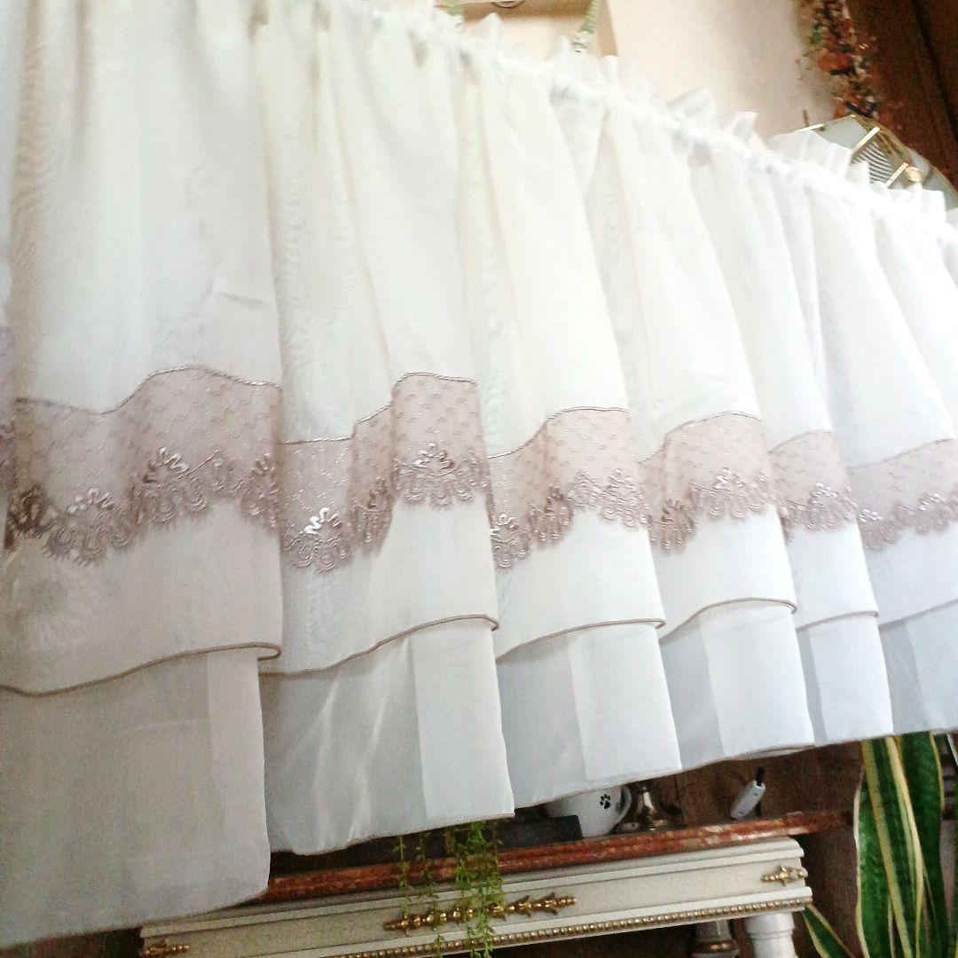 カフェカーテン【ぽっゆ様オーダー品　ボイル&チュールレース2枚重ねデザイン】