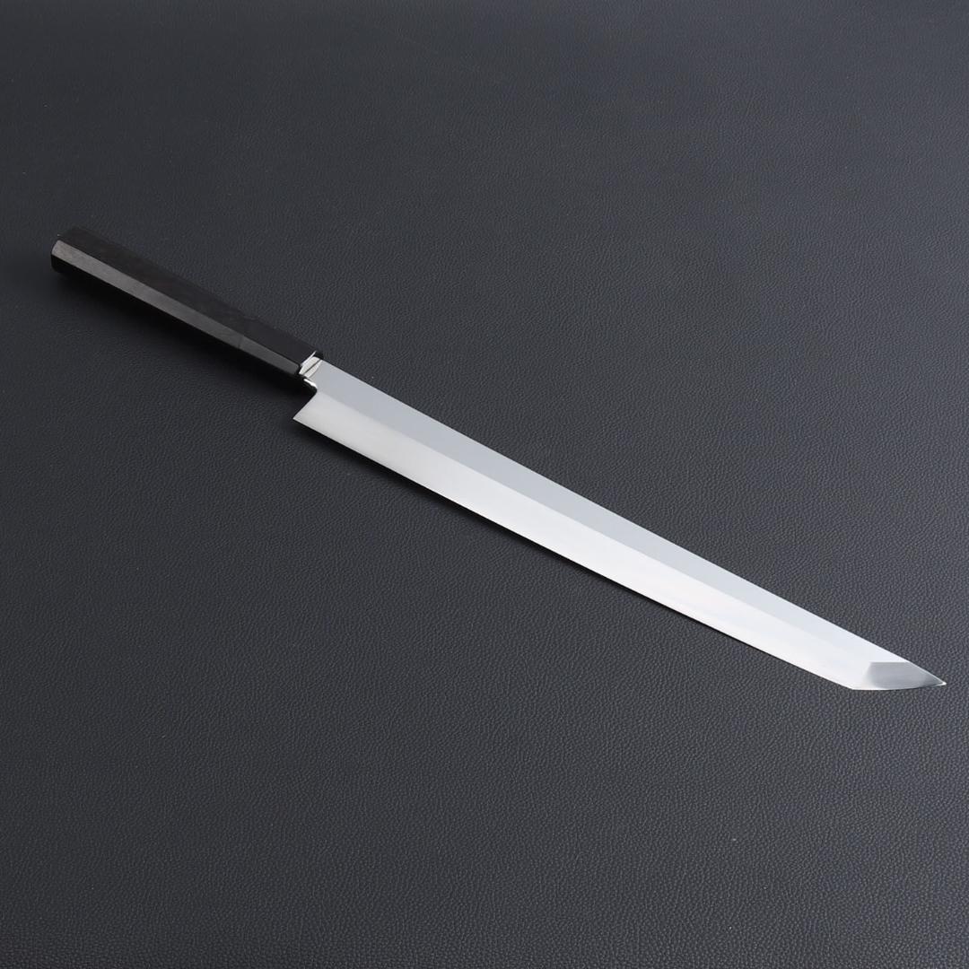 10831 先丸柳刃包丁 尺三 鏡面仕上げ 刺身包丁 和包丁 黒檀黒水牛角八角柄