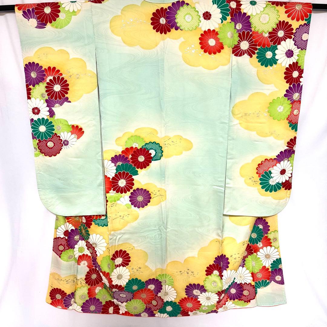 5k2946 振袖　正絹　袷　青　赤　金色　白　紫　緑　花柄　和装　着物