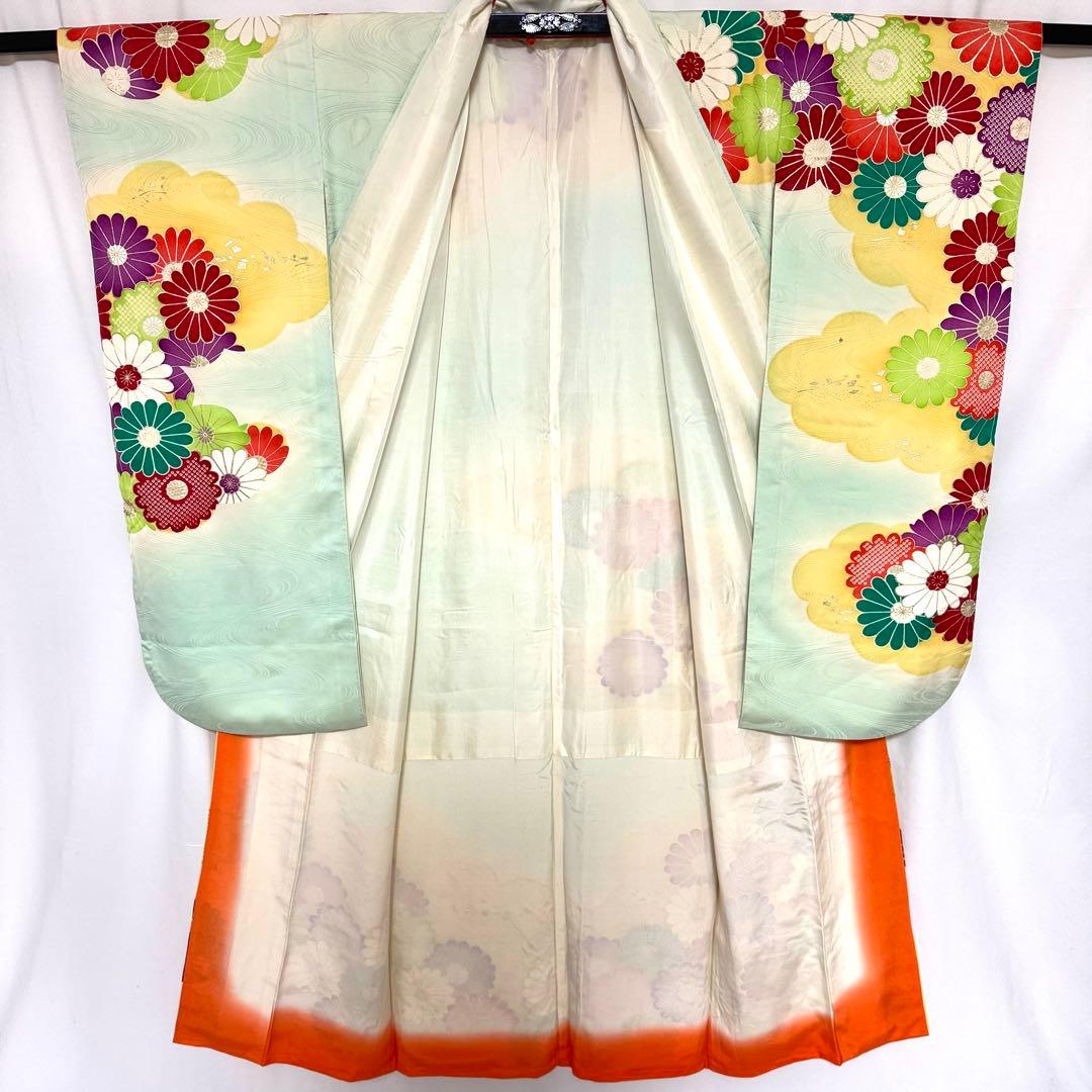 5k2946 振袖　正絹　袷　青　赤　金色　白　紫　緑　花柄　和装　着物