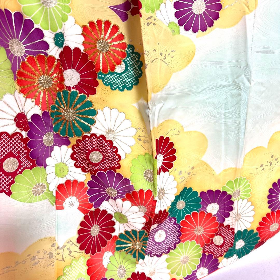 5k2946 振袖　正絹　袷　青　赤　金色　白　紫　緑　花柄　和装　着物