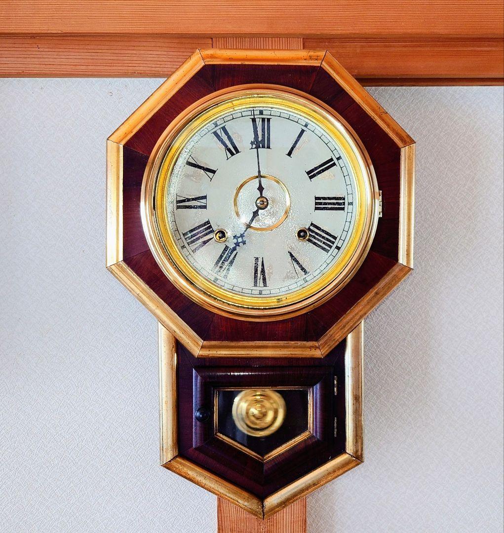 〈OH済完動・極上品〉米国Ｅ．N.WELCH　 金縁八角合長ゼンマイ振り子時計