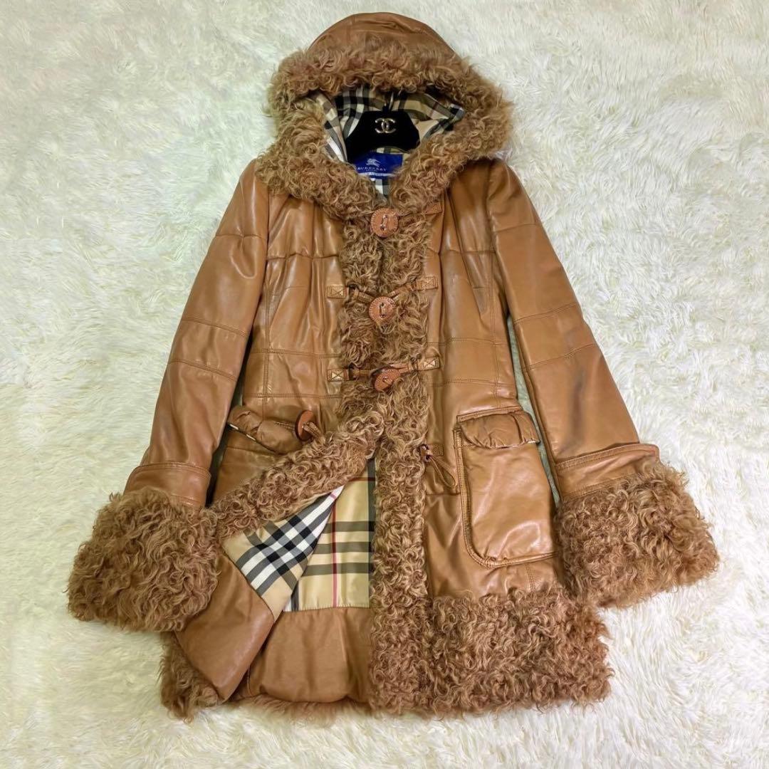 バーバリーブルーレーベル ダッフルコート　羊革　ラム　ノバチェック 中綿　38