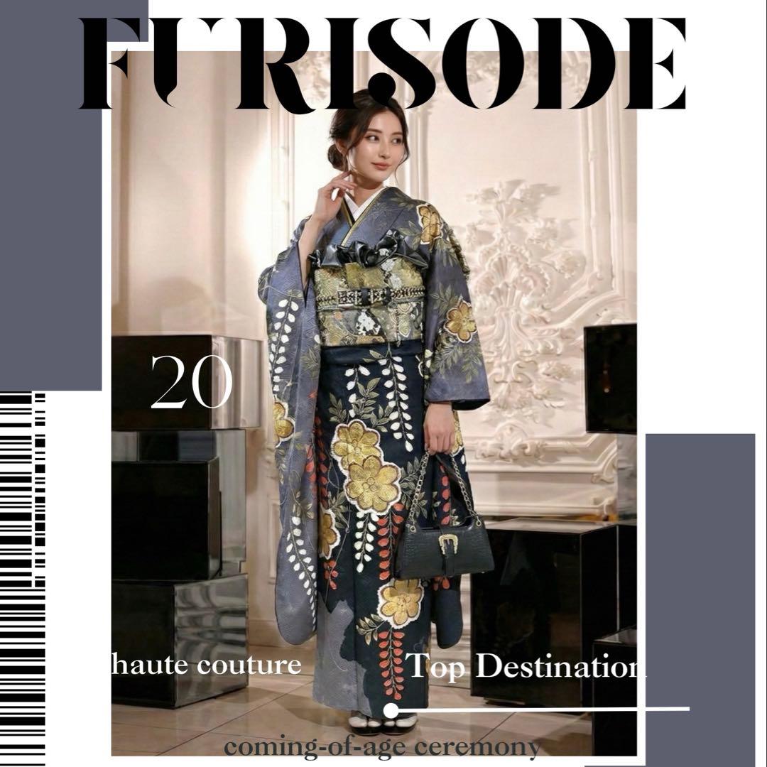 モード黒灰 染め分け グレー ファーショール 振袖 フルセット