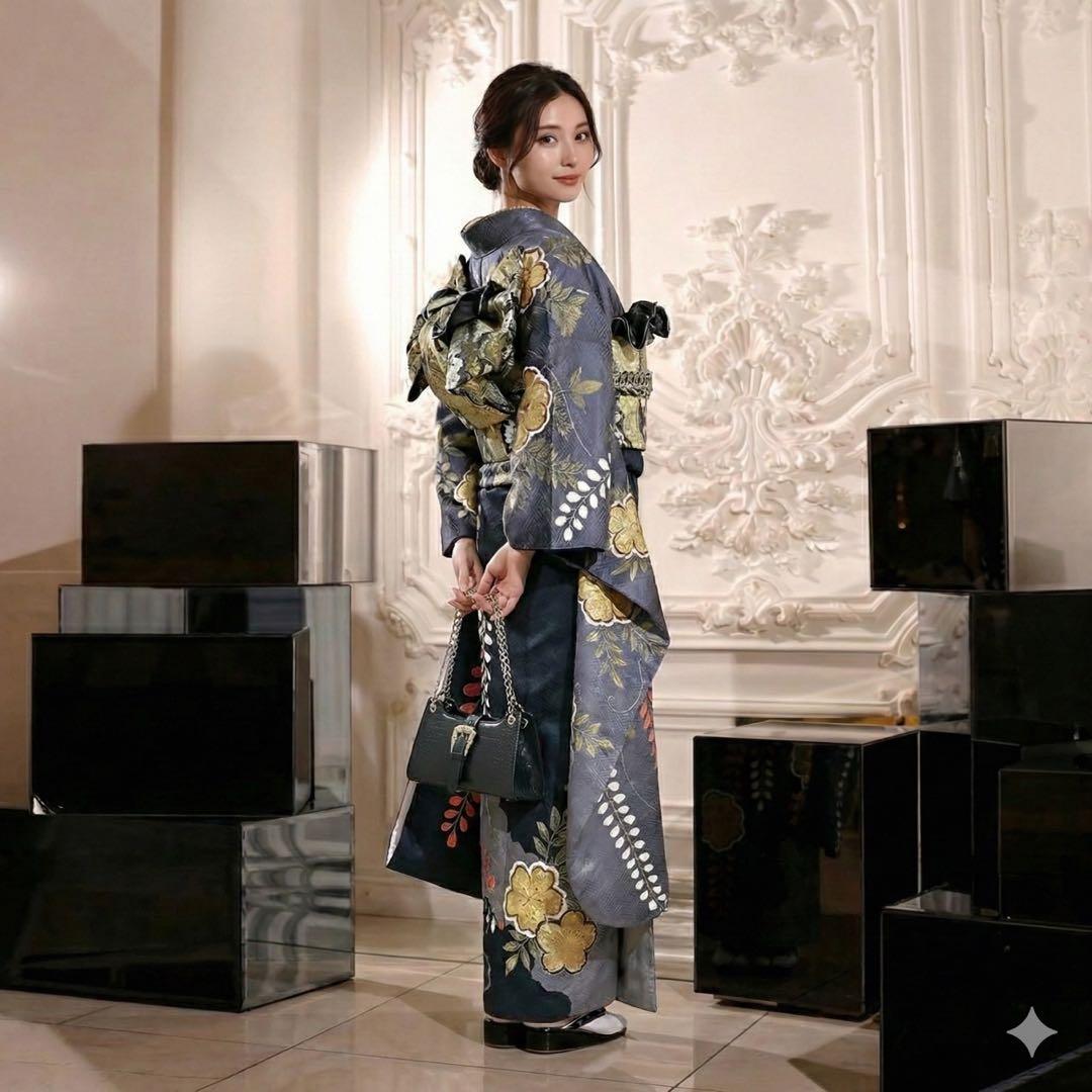 モード黒灰 染め分け グレー ファーショール 振袖 フルセット