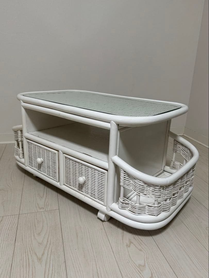 ホワイトラタンアンティークガラスローセンターテーブル