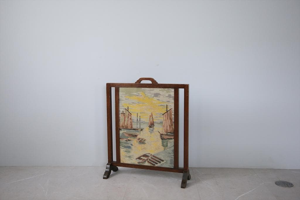 英国アンティーク木製ファイヤースクリーン/衝立/刺繍プチポワン(88-102)