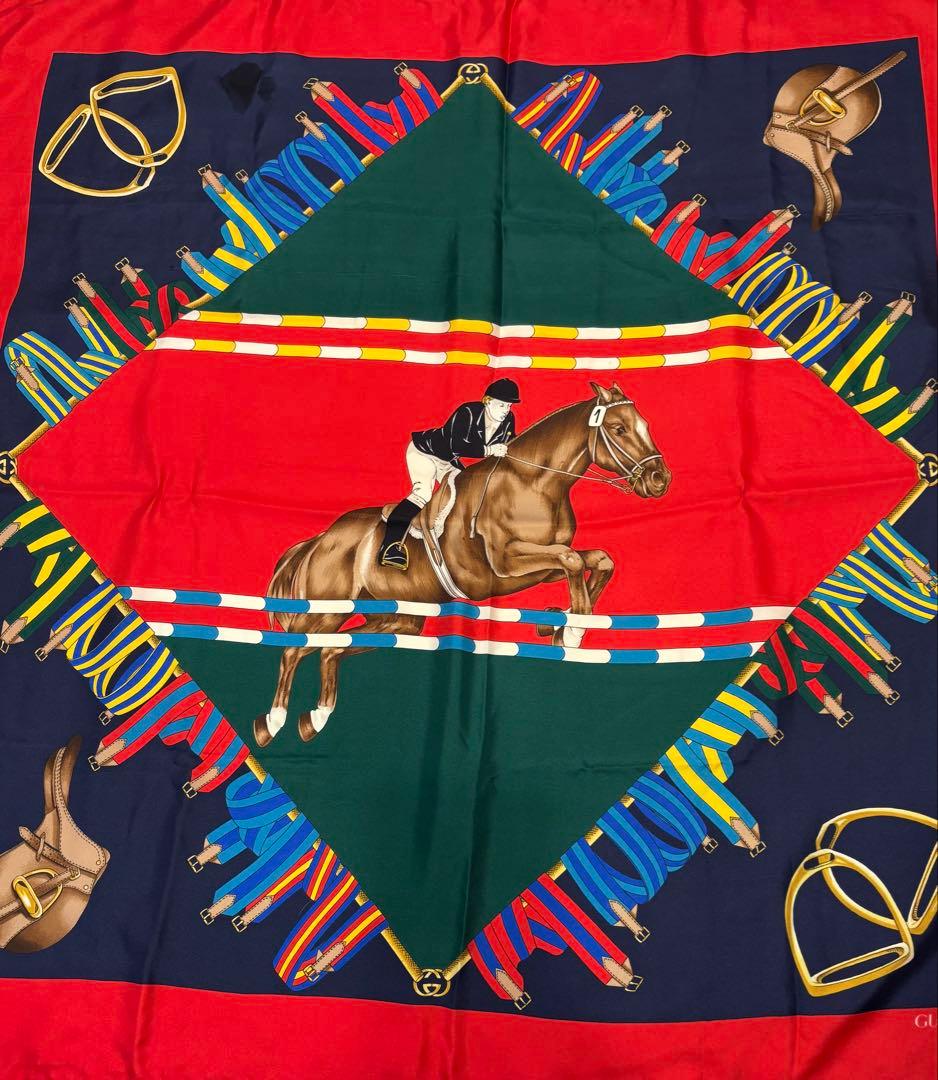 グッチ☆大判スカーフ　GG柄ストール馬具柄　ロゴ　ヴィンテージ　オールドグッチ