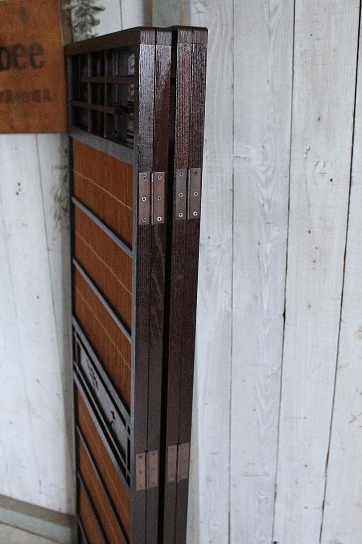 高級　桑材枠×竹簾　屏風　衝立　目隠し　四つ折り　透かし彫り　古民家　古道具