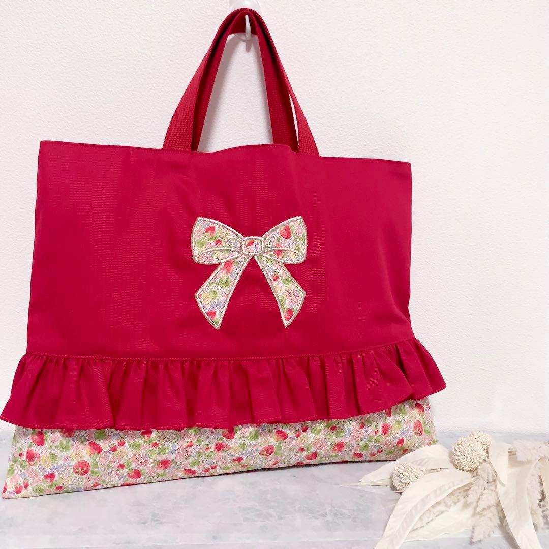 【サイズオーダー可】3点セット レッスンバッグ 上履き入れ 巾着袋 花柄 赤