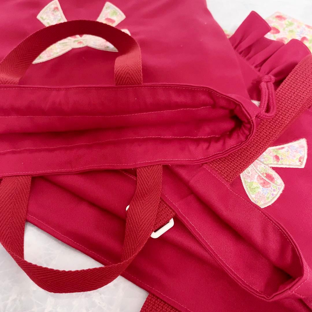 【サイズオーダー可】3点セット レッスンバッグ 上履き入れ 巾着袋 花柄 赤