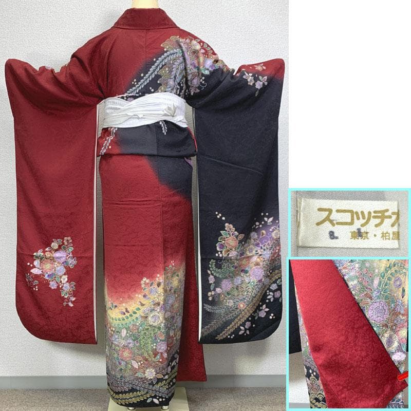 601z16〇小柄な方も 振袖 辻が花絞り染 地紋 赤 黒〇美品 成人式 結婚式