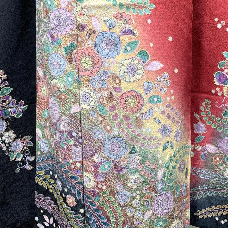 601z16〇小柄な方も 振袖 辻が花絞り染 地紋 赤 黒〇美品 成人式 結婚式