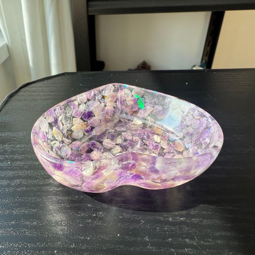 【*tomo*】アメジスト細石のハートお皿　置物NO.012104