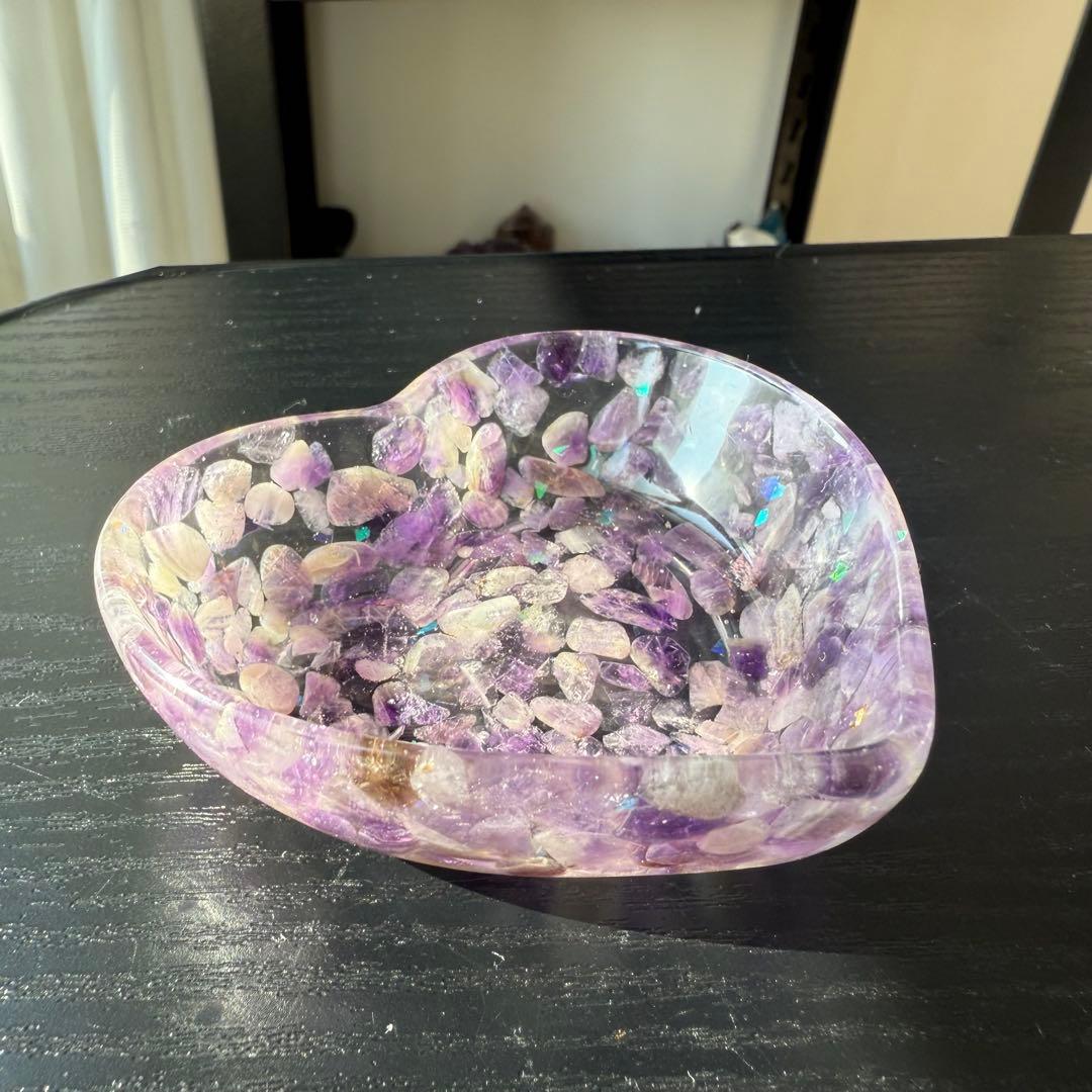 【*tomo*】アメジスト細石のハートお皿　置物NO.012104