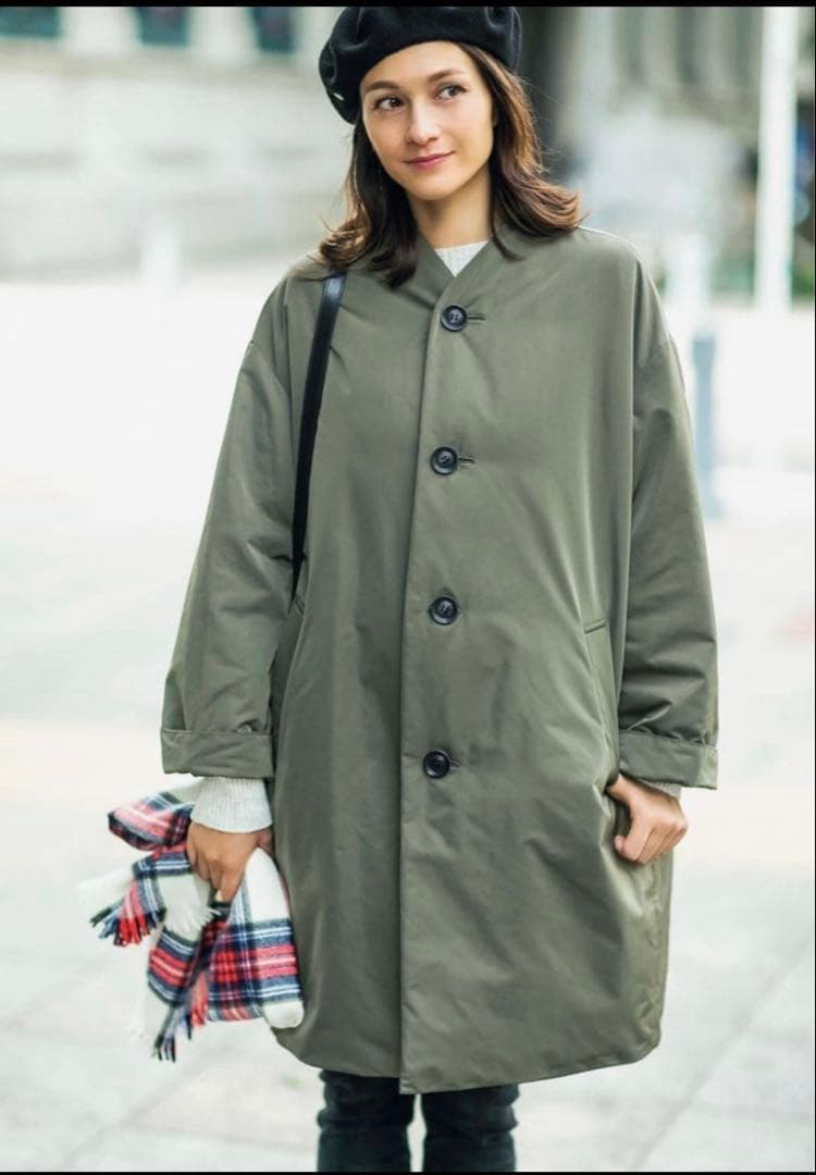 【美品】LE GLAZIK ルグラジック ノーカラー ダウンコート　カーキ