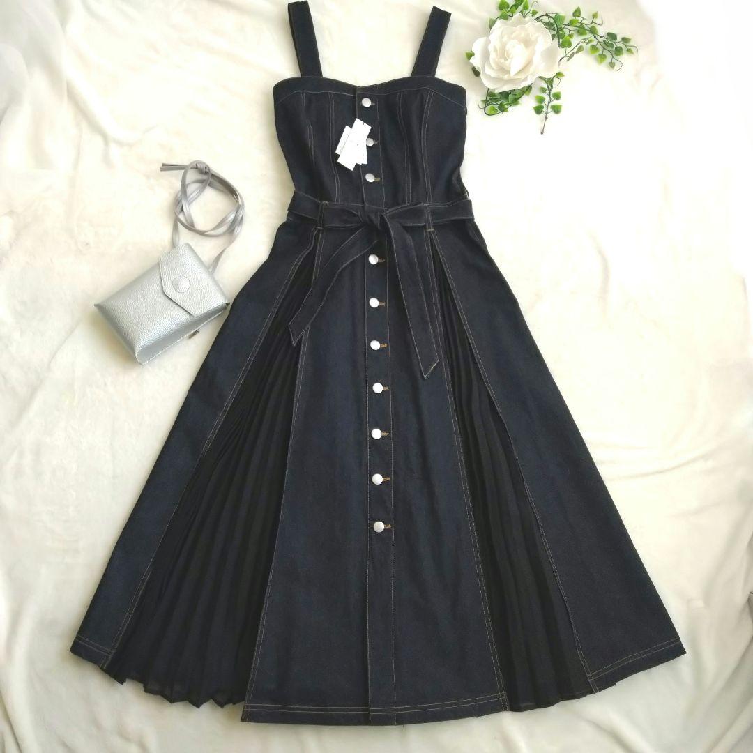 【新品】リゼクシー デニム ロング Aライン ワンピース プリーツ 濃紺