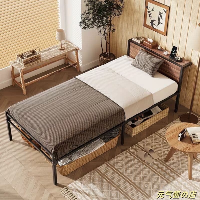 高耐久スチール製シングルベッドフレーム 耐荷重 250kg 収納・コンセント付き