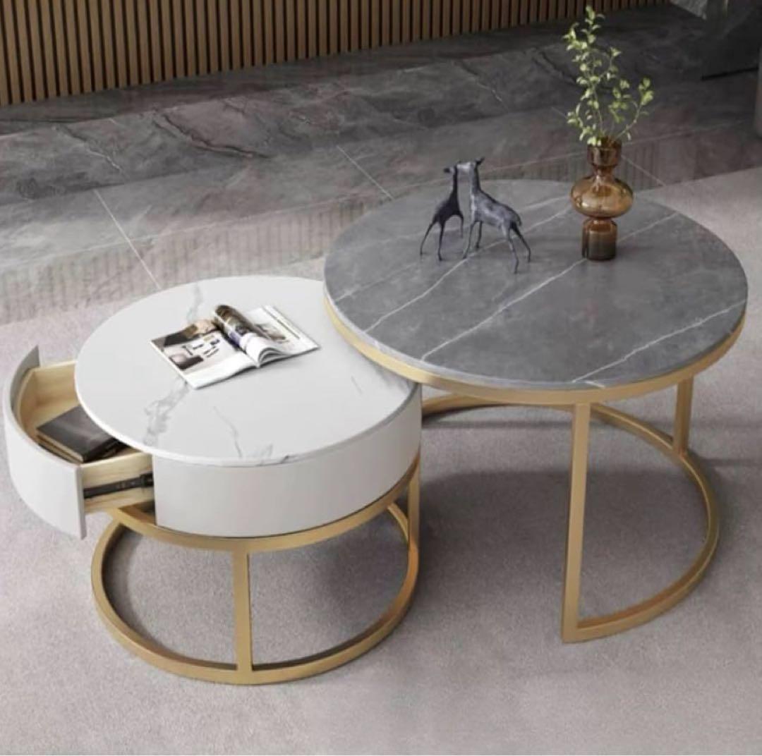 センターテーブル 大理石柄セラミック 伸縮 丸2個セット　収納付　ローテーブル