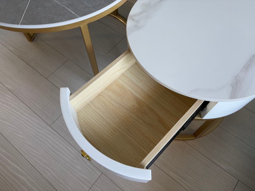 センターテーブル 大理石柄セラミック 伸縮 丸2個セット　収納付　ローテーブル