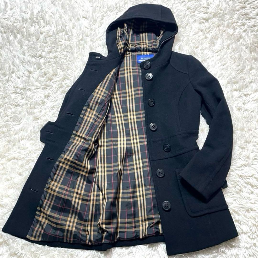 バーバリーブルーレーベル アンゴラ コート ブラック Aライン 38