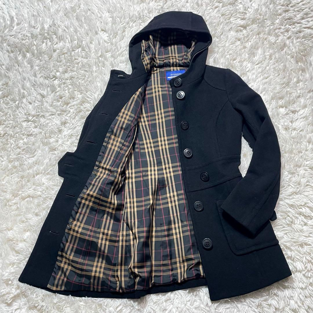 バーバリーブルーレーベル アンゴラ コート ブラック Aライン 38