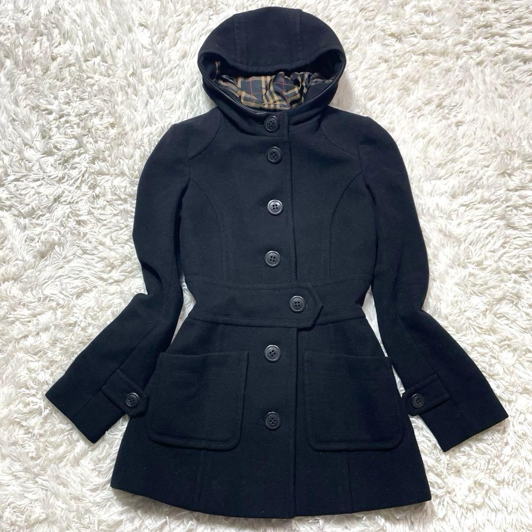 バーバリーブルーレーベル アンゴラ コート ブラック Aライン 38