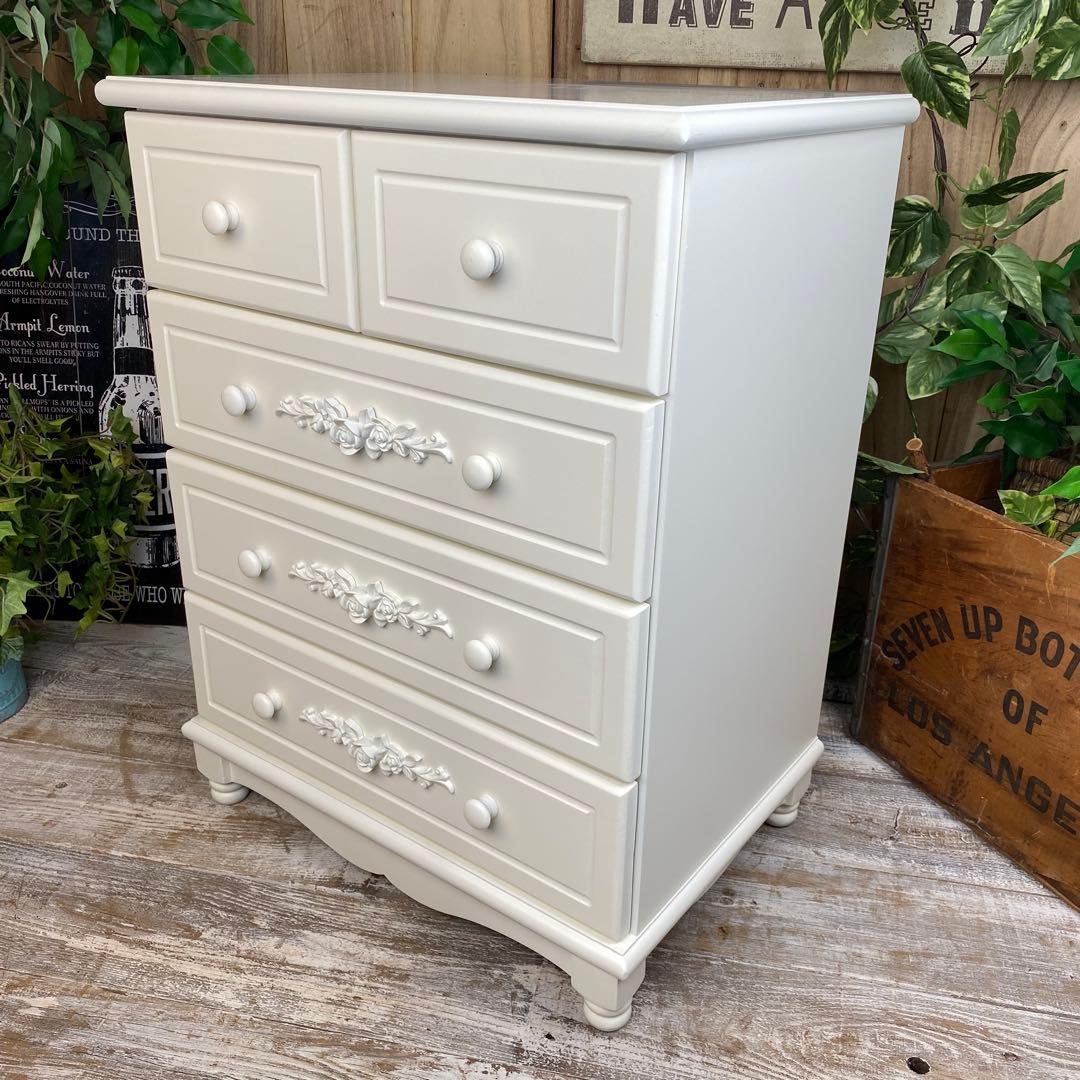 訳あり品【128】フレンチカントリー調ホワイトチェスト四段五つ引き木製タンス収納