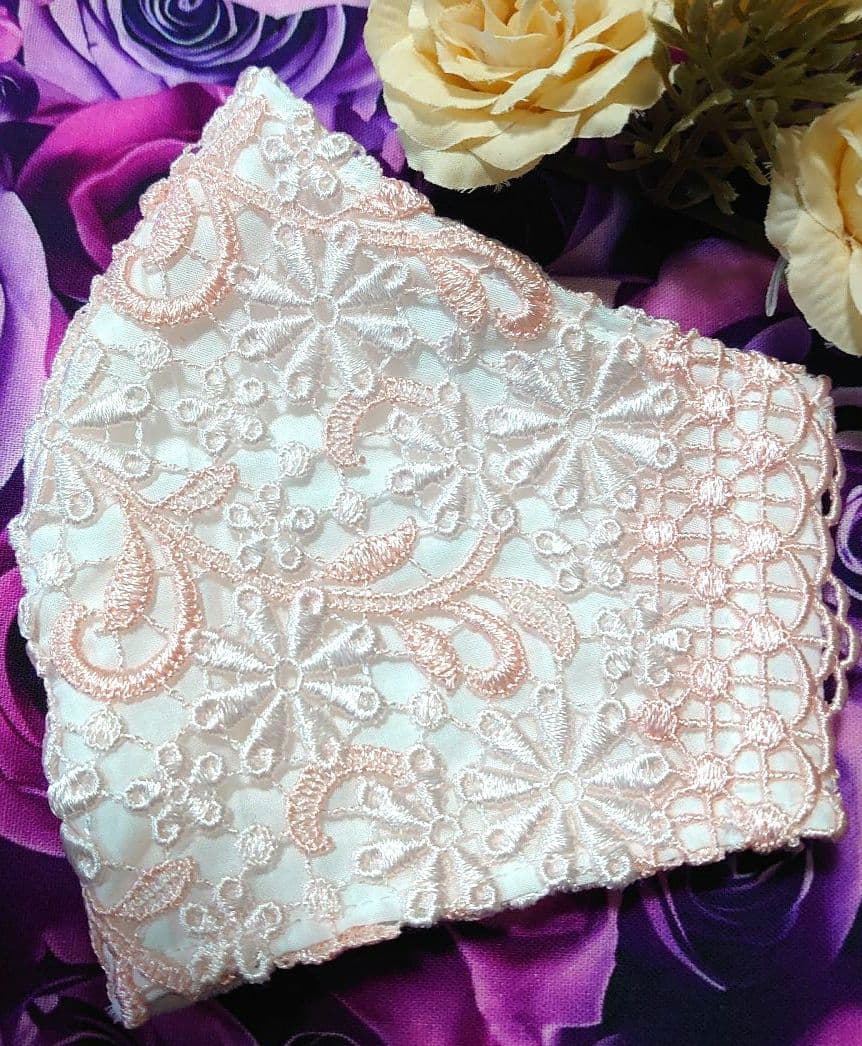 Ｎｏ．2302 つやありピンク＆ホワイト花柄ケミカルレース♡ハンドメイドマスク