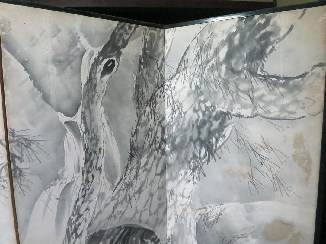 ★最終値　六曲　屛風 水墨画　楊舟 筆　2頭の虎図 古民家蔵出　衝立　間仕切