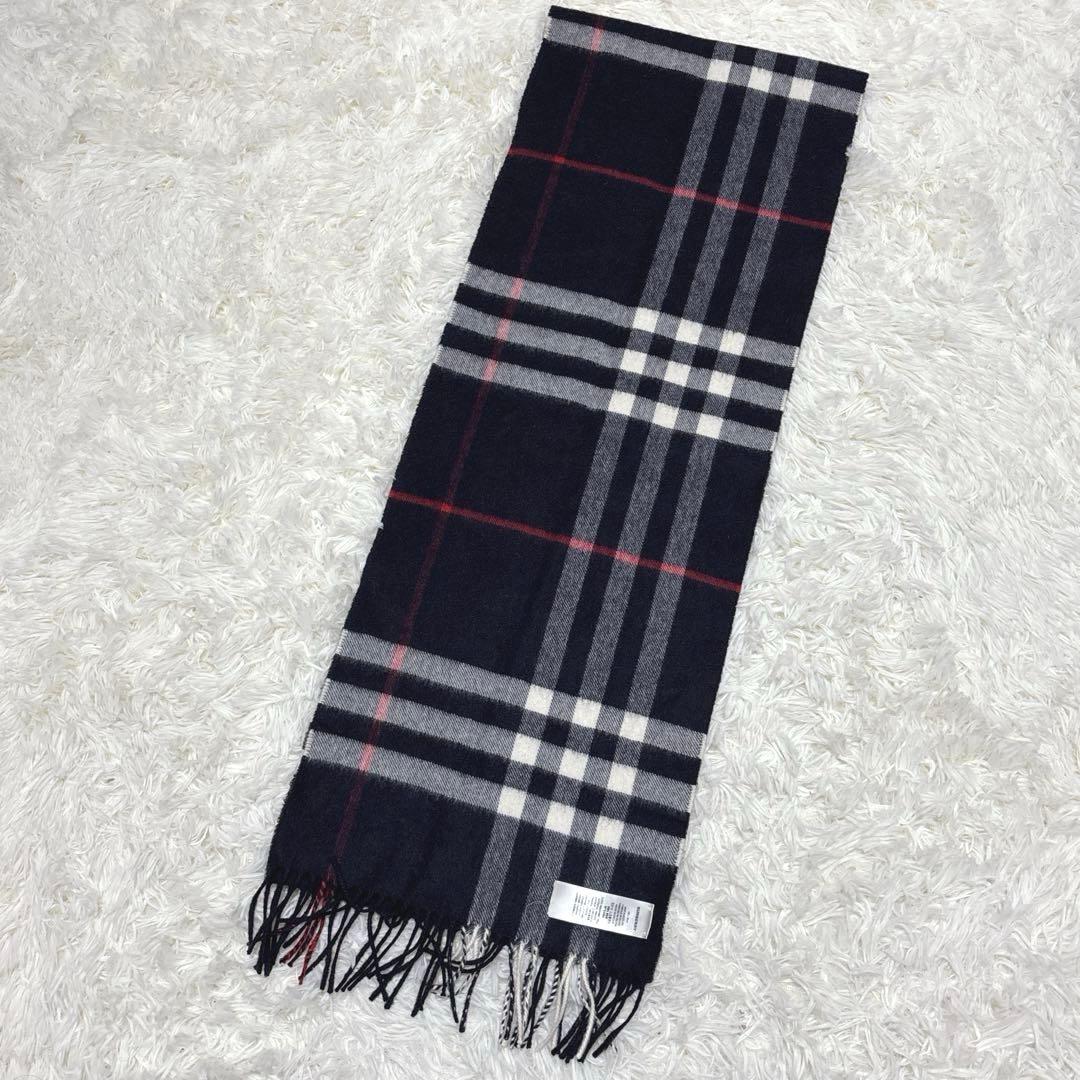 現行☆BURBERRY バーバリー　カシミヤマフラー　チェック　ネイビー