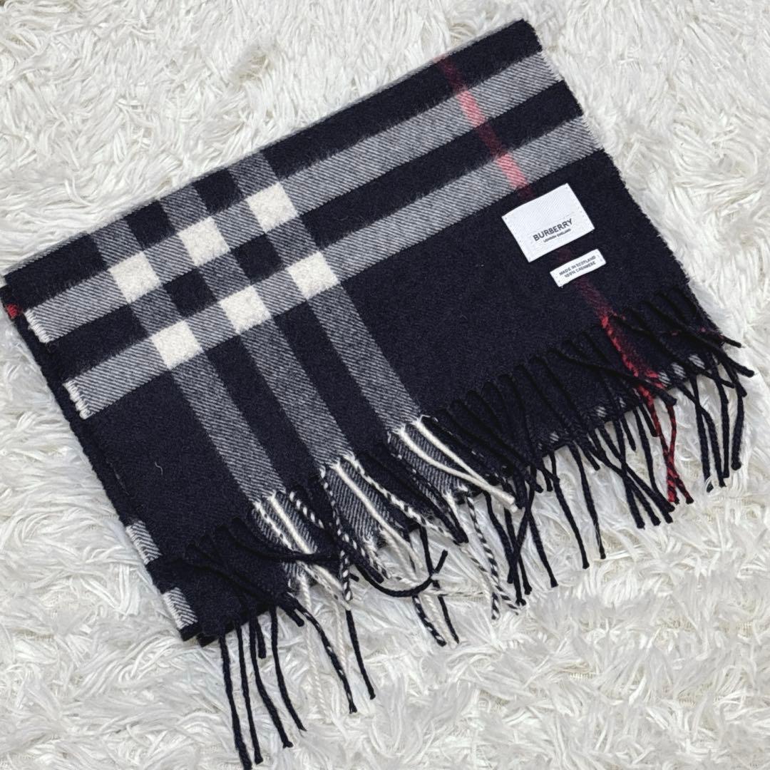 現行☆BURBERRY バーバリー　カシミヤマフラー　チェック　ネイビー